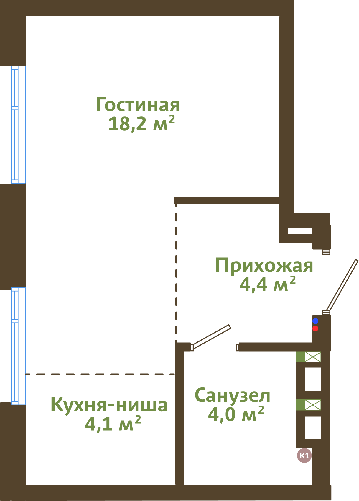 Планировка 1-комнатной квартиры 30,70 м²