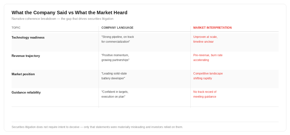 Comparison table showing four categories where SES AI company language diverged from market interpretation: technology readiness framed as pipeline momentum vs unproven at scale; revenue trajectory described as positive vs pre-revenue burn rate; market position as leading developer vs shifting competitive landscape; guidance reliability as on-plan vs no track record.