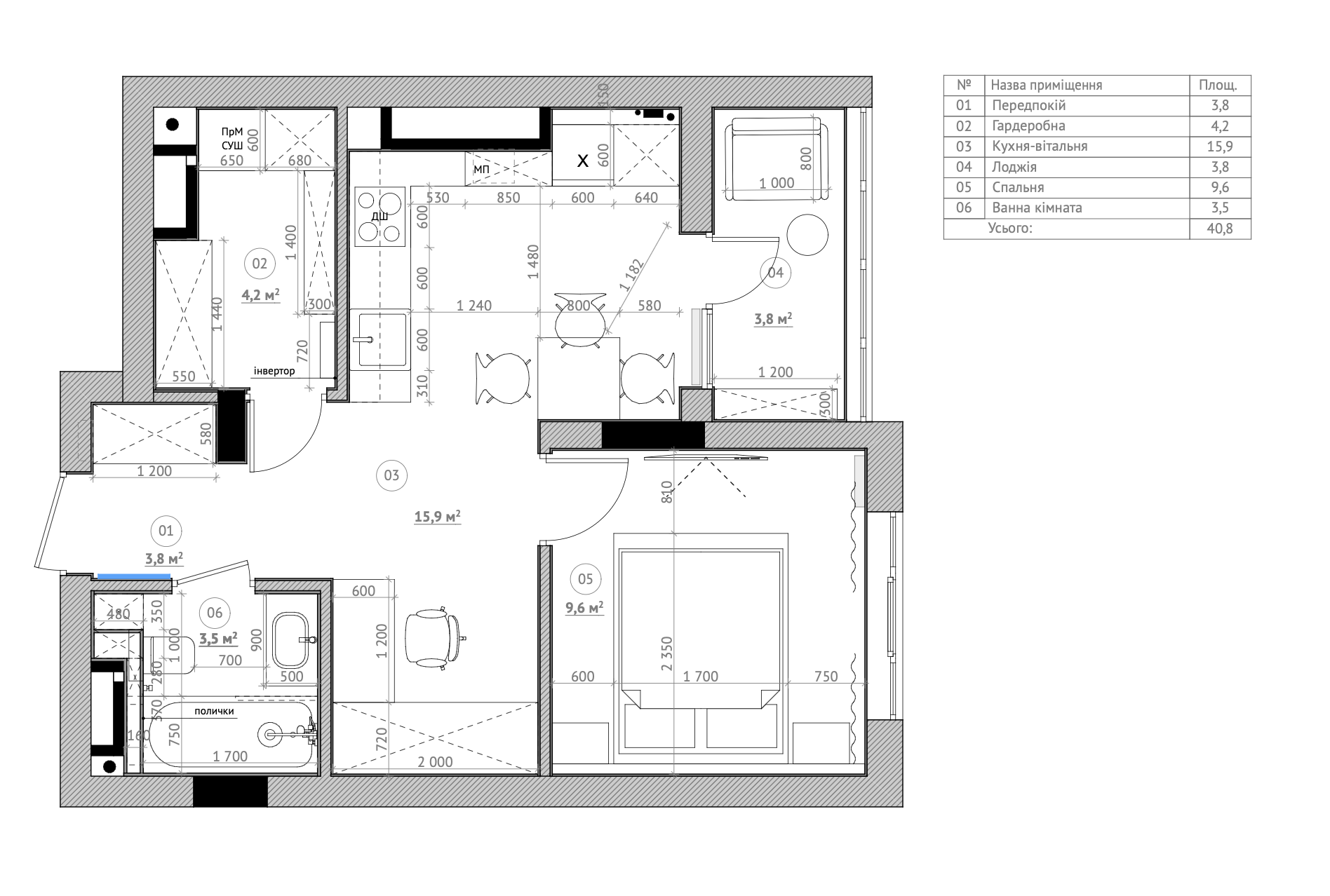 Планування 1-кімнатної квартири 40 м² в ЖК Wellspring у м. Вишневе