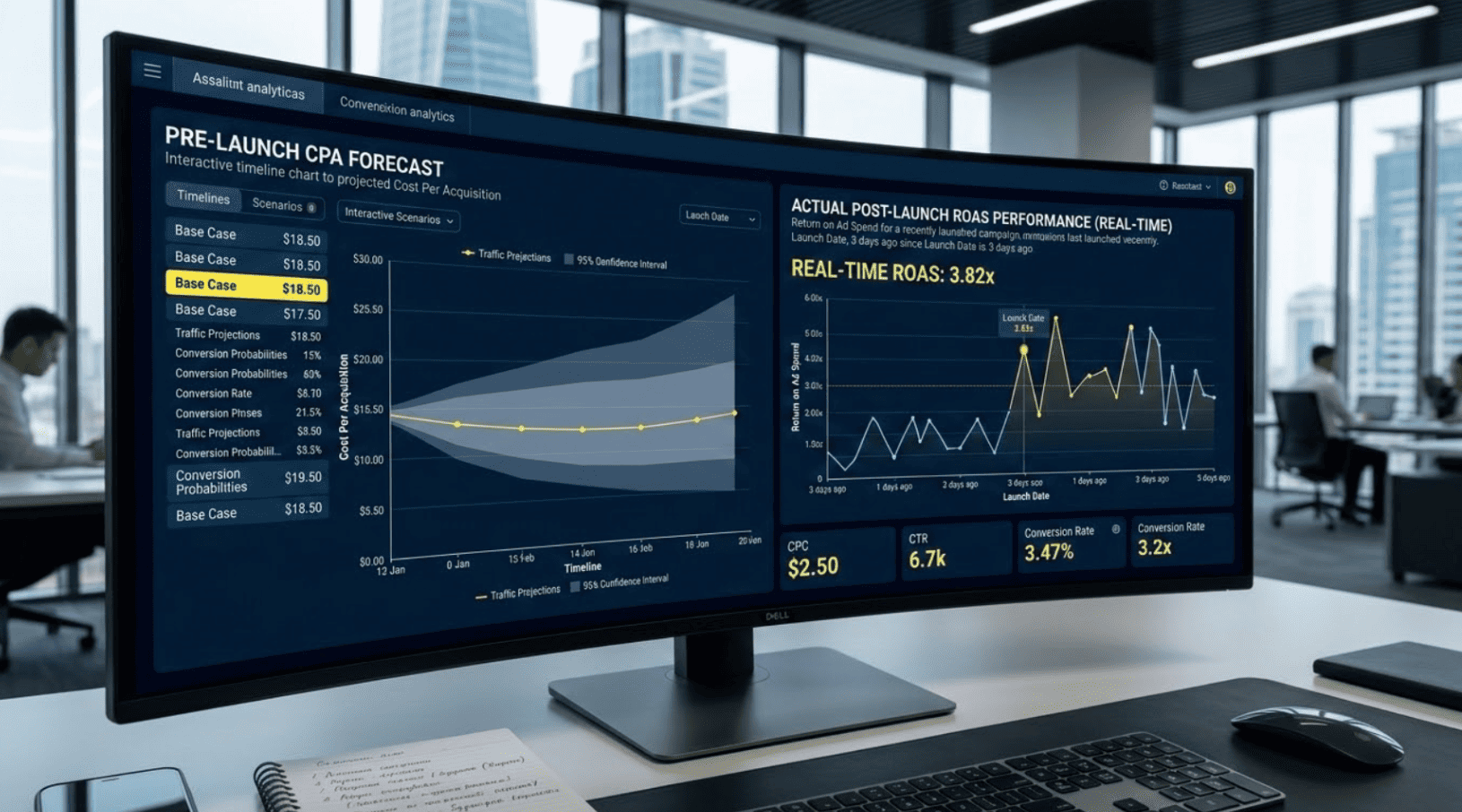 A predictive marketing ROI dashboard showing pre-launch CPA forecast versus actual post-launch ROAS performance in real time, displayed on a monitor in a modern office.