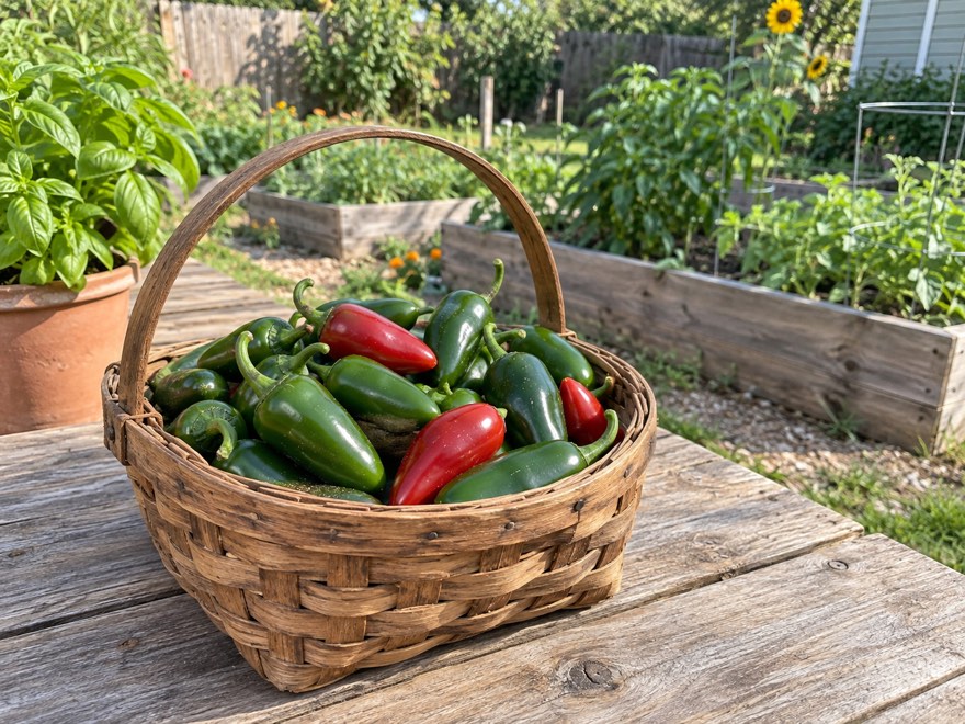 Basket of harvested green and red jalapeno peppers from the garden