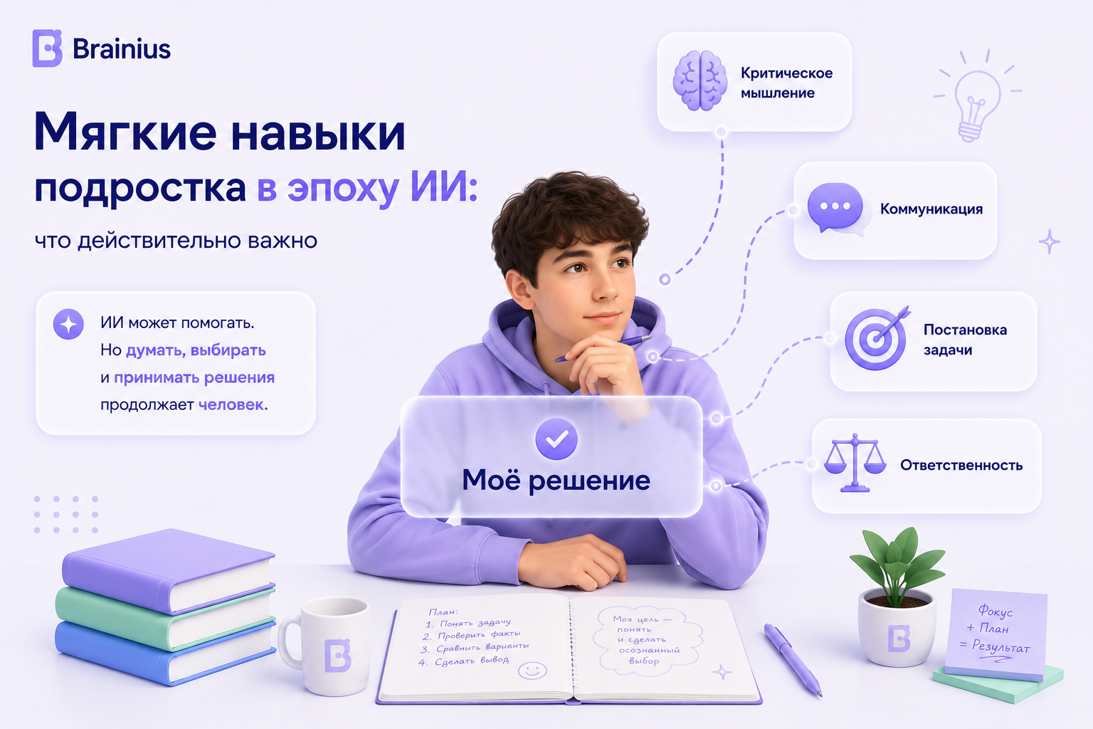 Подросток развивает мягкие навыки в эпоху искусственного интеллекта: критическое мышление, коммуникацию, постановку задач и ответственность, принимая осознанные решения с помощью ИИ, а не вместо себя.