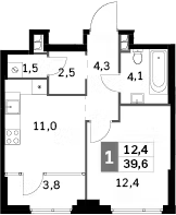 1-комн 39,6 м²