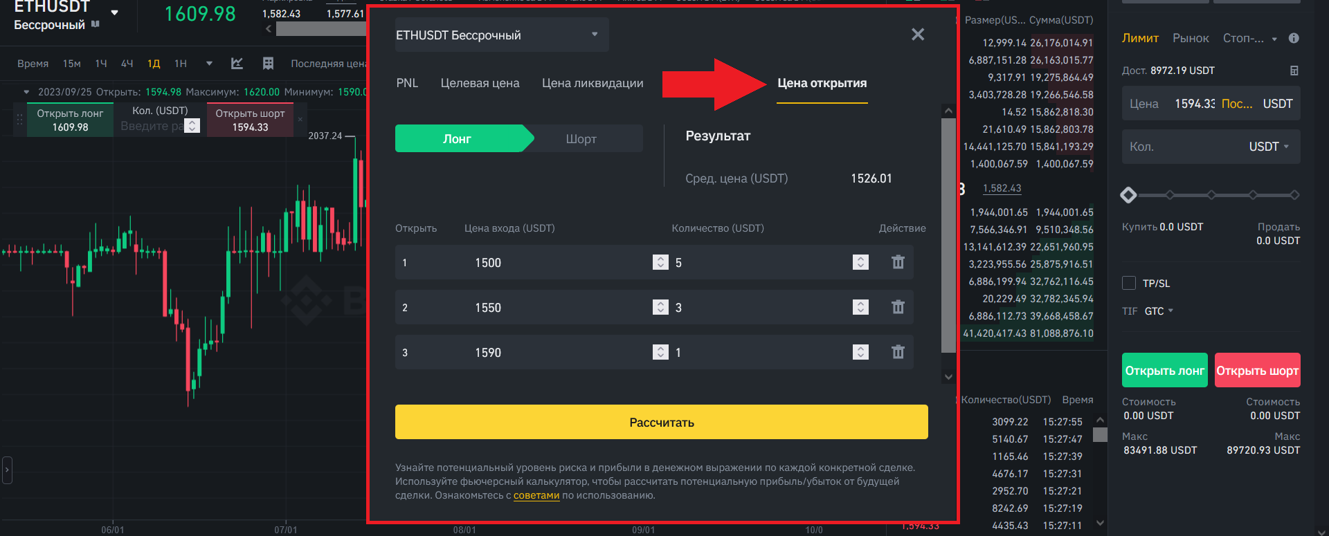Калькулятор фьючерсов и цена открытия, Binance