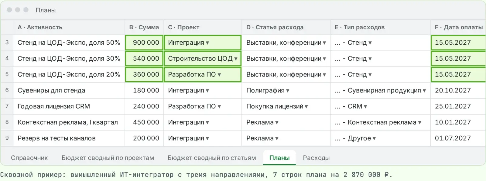 лист «Планы» с примером