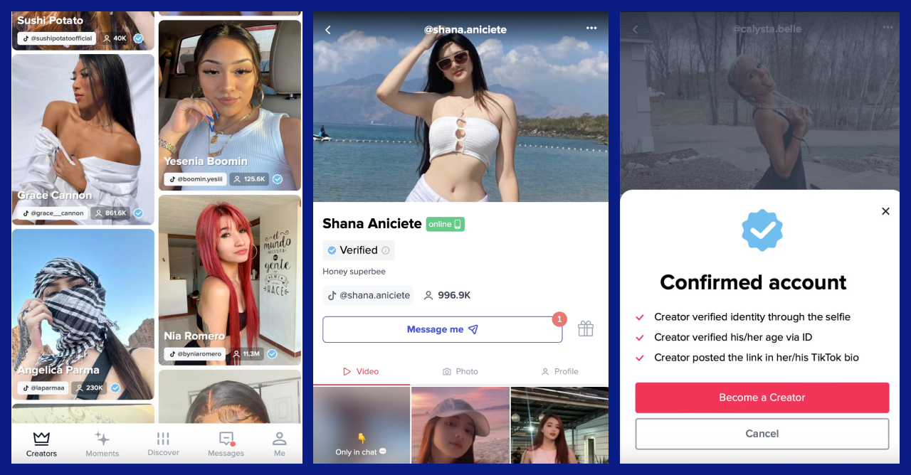 There're 3 screenshots of One2fan: the main page with verified creators, the page of the verified creator and the badge of confirmed account