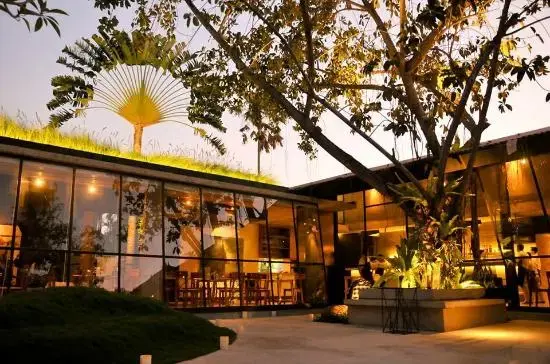 Modern and inviting interior of Kilo Kitchen Bali, a Latin-Asian restaurant on Jalan Drupadi, Seminyak, seen with warm lighting and lush greenery, offering a flexible all-day dining experience.