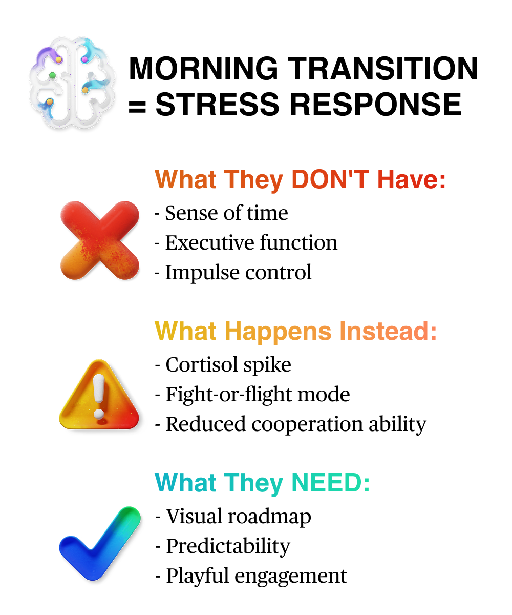 Child brain infographic showing morning transition challenges: no time sense, weak executive function, elevated cortisol levels.