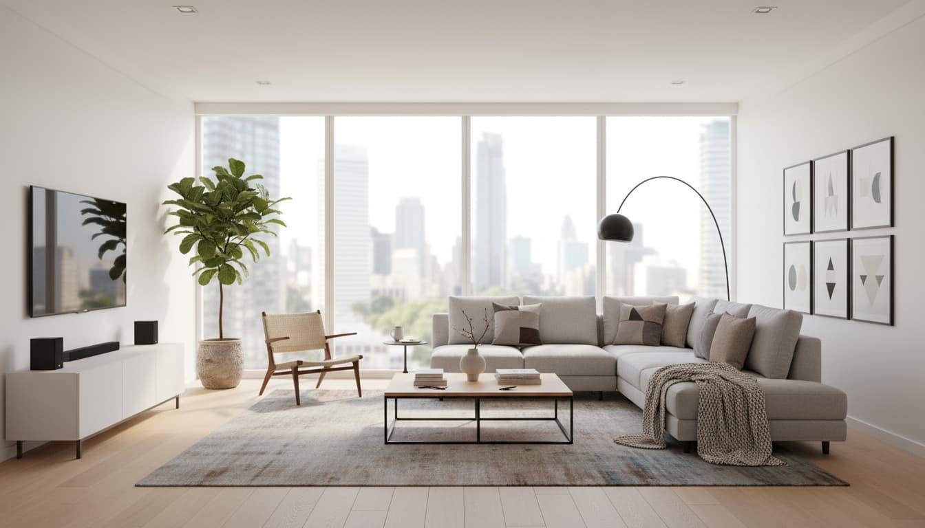 Готовая 3D-визуализация современного интерьера гостиной