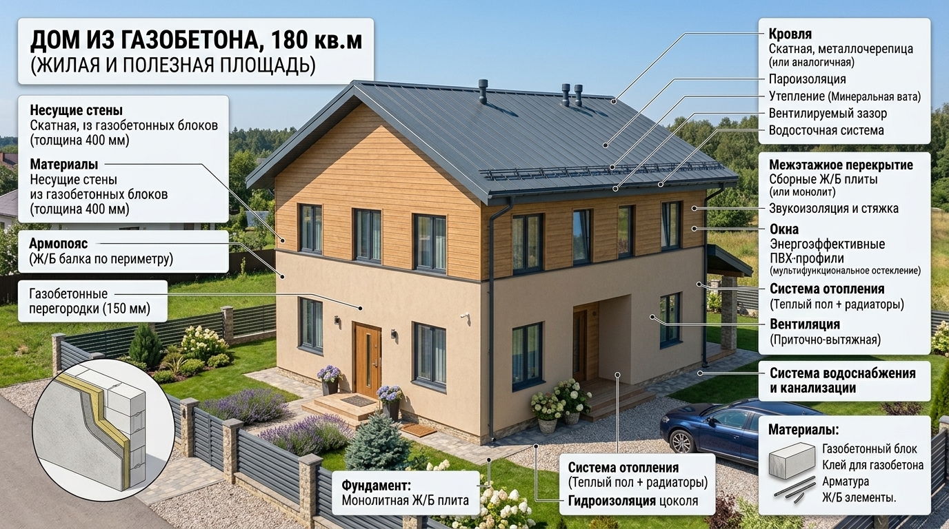 Схема дома из газобетона площадью 180 квадратных метров