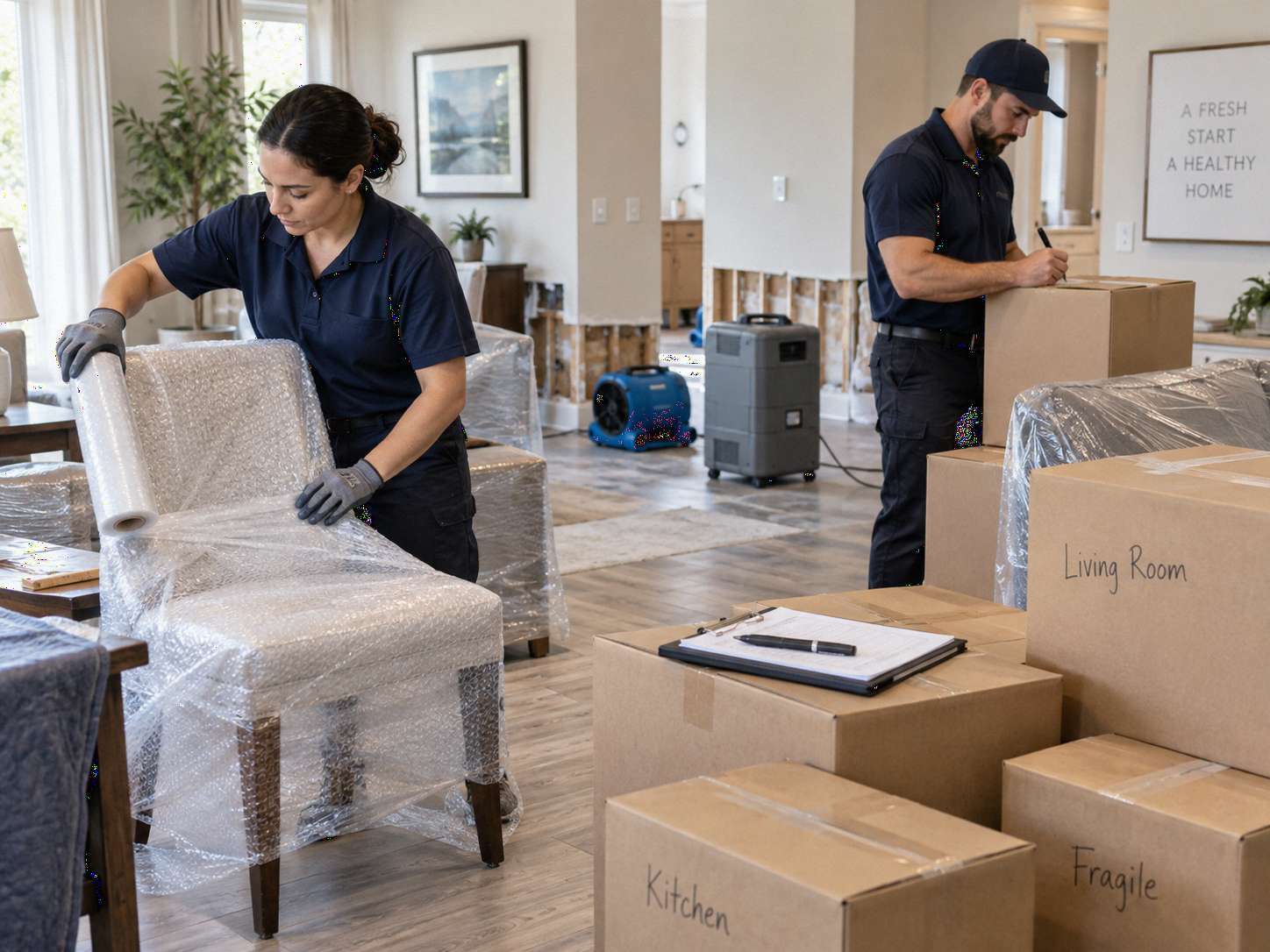 Water damage contents pack out with restoration technicians packing furniture, labeling boxes, and protecting belongings during water damage restoration