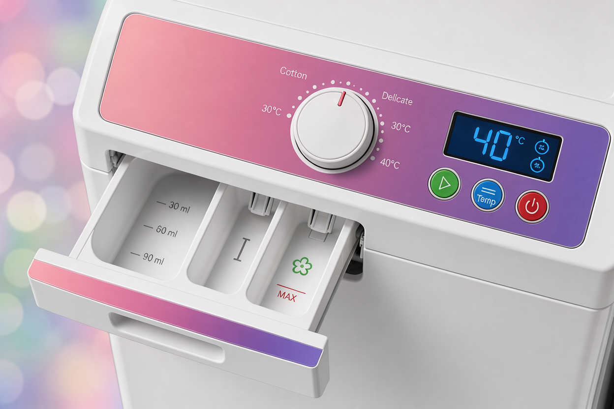 Top view of a washing machine control panel with generic settings like Cotton, Delicate, 30°C, 40°C, and an empty detergent drawer with measured doses shown, no brand names