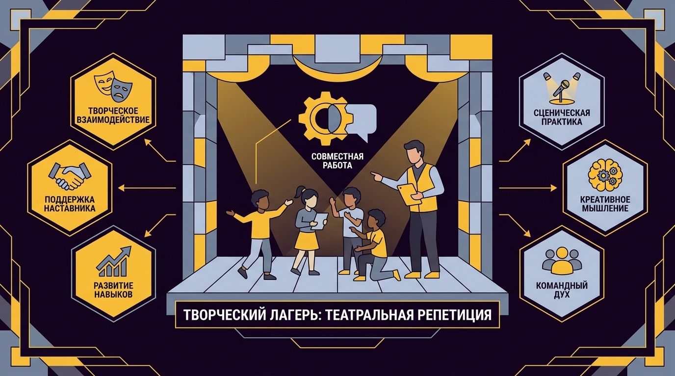 Дети на занятиях в творческом лагере - театральная репетиция