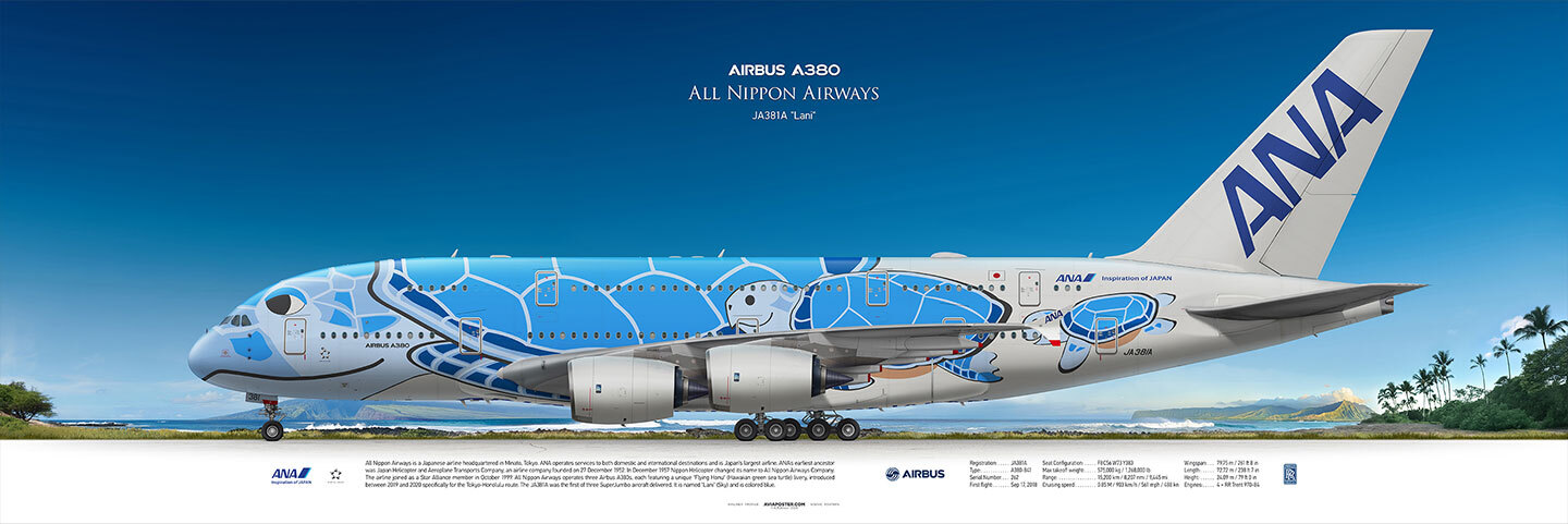 Airbus A380 ANA All Nippon Airways poster on Hawaiian landscape background