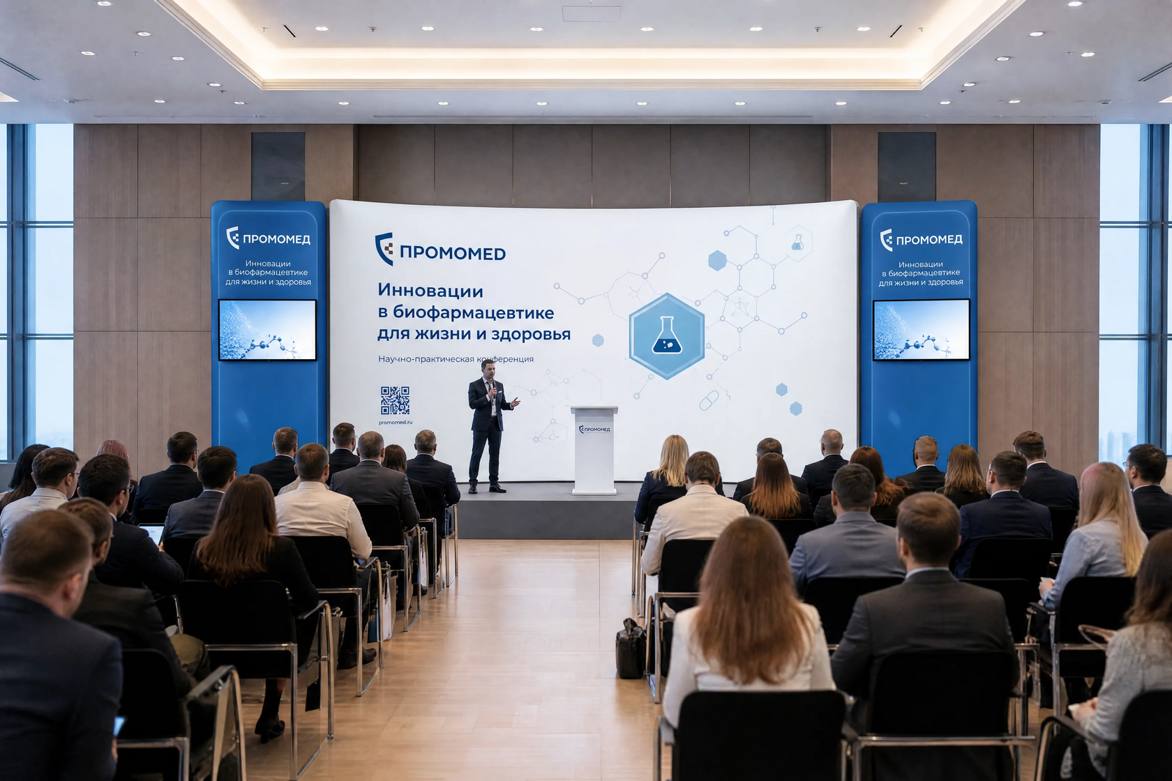 Оформление конференц-зала тканевыми конструкциями с текстильной графикой