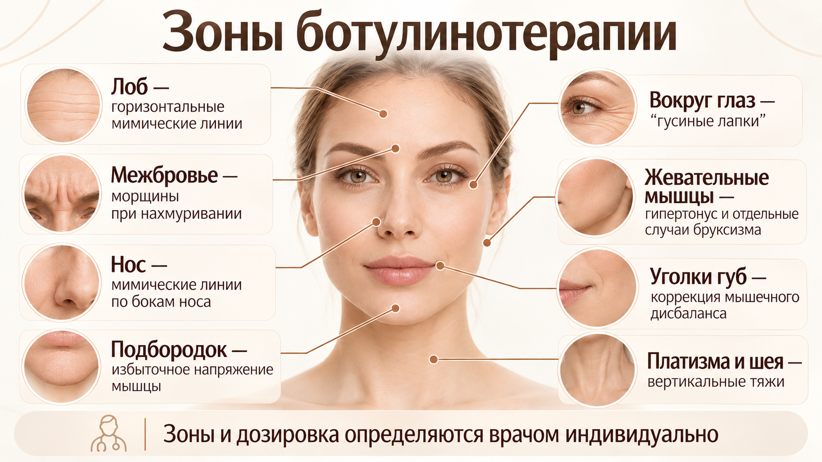 Основные зоны ботулинотерапии лица: лоб, межбровье, глаза, подбородок и шея