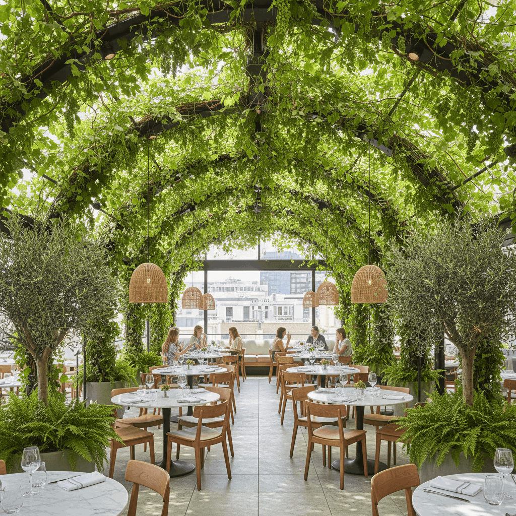 арочное потолочное озеленение террасы живыми растениями