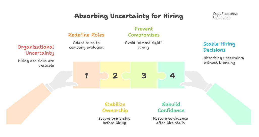 Step-by-step visual showing how redefining roles, stabilizing ownership, preventing compromise, and rebuilding confidence lead to stable hiring decisions.