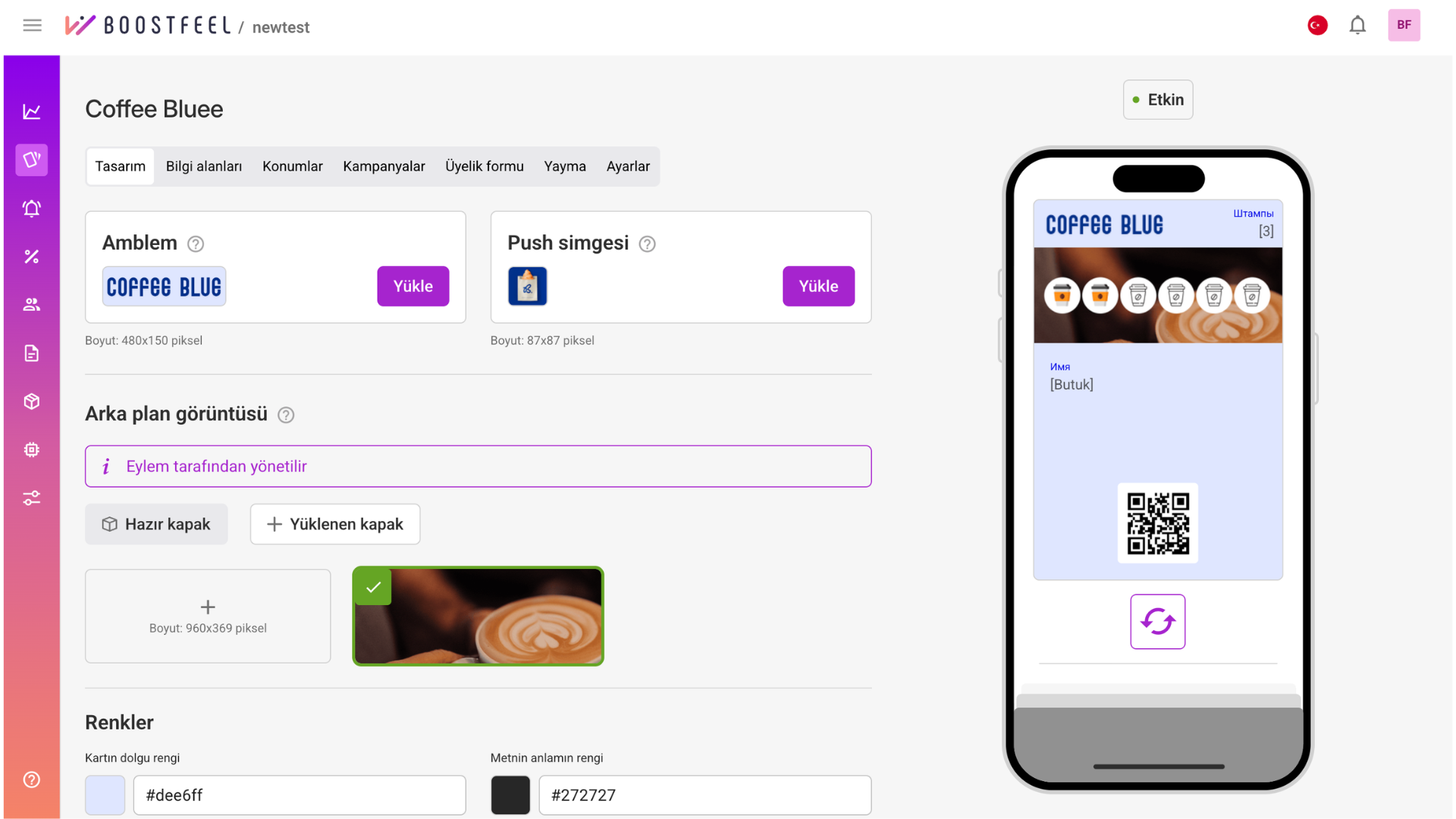 Boostfeel CRM paneli: dijital sadakat kartı tasarım ekranı — amblem, kapak görseli ve renk ayarları