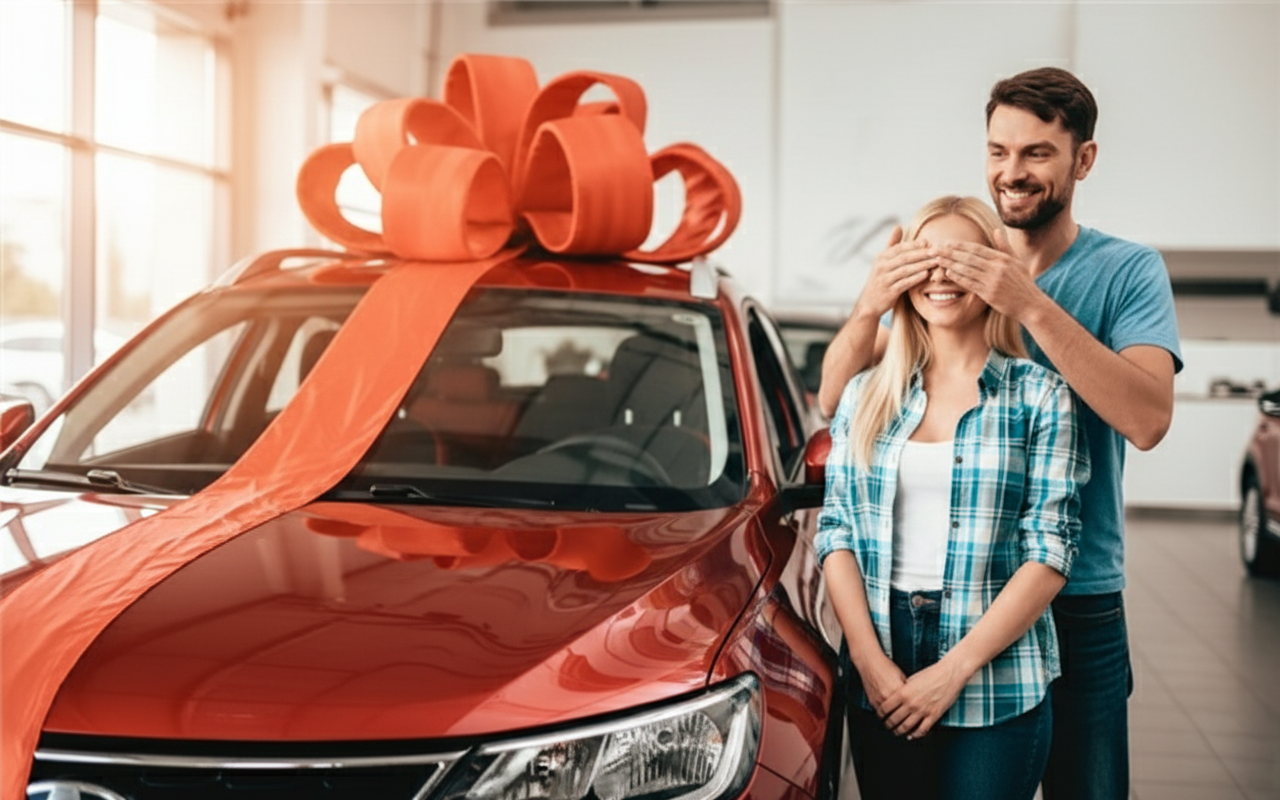 Мужчина закрыл глаза руками женщине рядом с красивым автомобилем, украшенным большим красным бантом