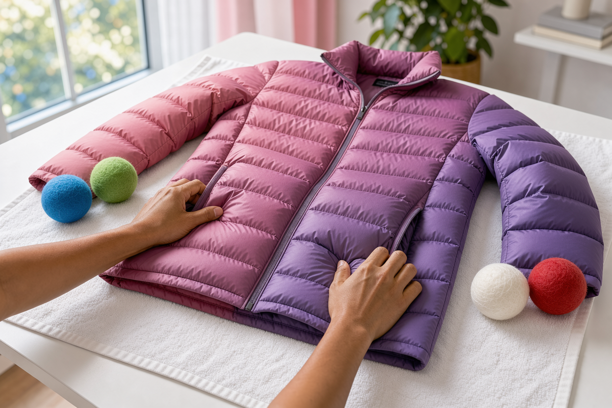 Down jacket laid flat on a towel being gently fluffed by hands, with a few wool dryer balls nearby and natural light