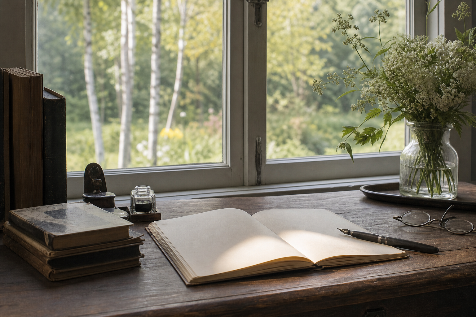 Письменный стол, книги и окно в сад