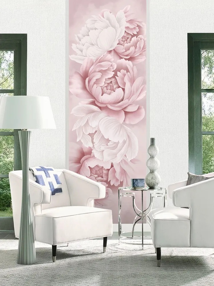 Пыльно-розовые обои с пионами в интерьере, ширина 1 метр