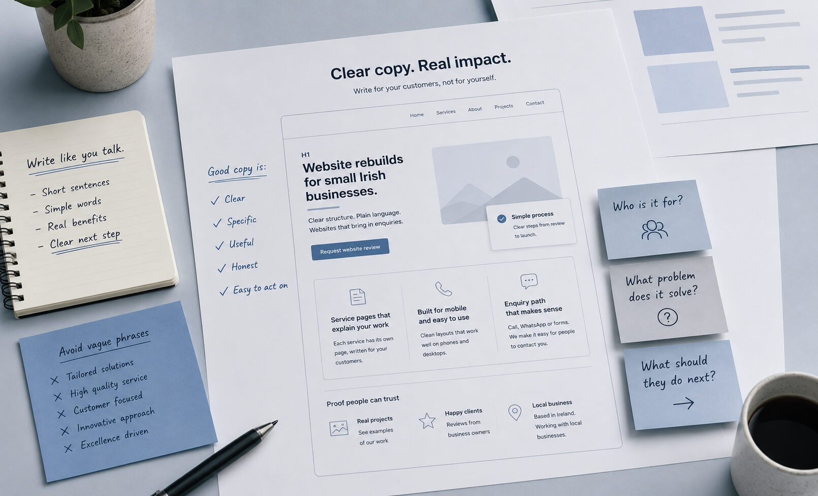 Abstract website copy planning concept showing clear headings service wording customer questions and enquiry paths in a clean blue-grey style