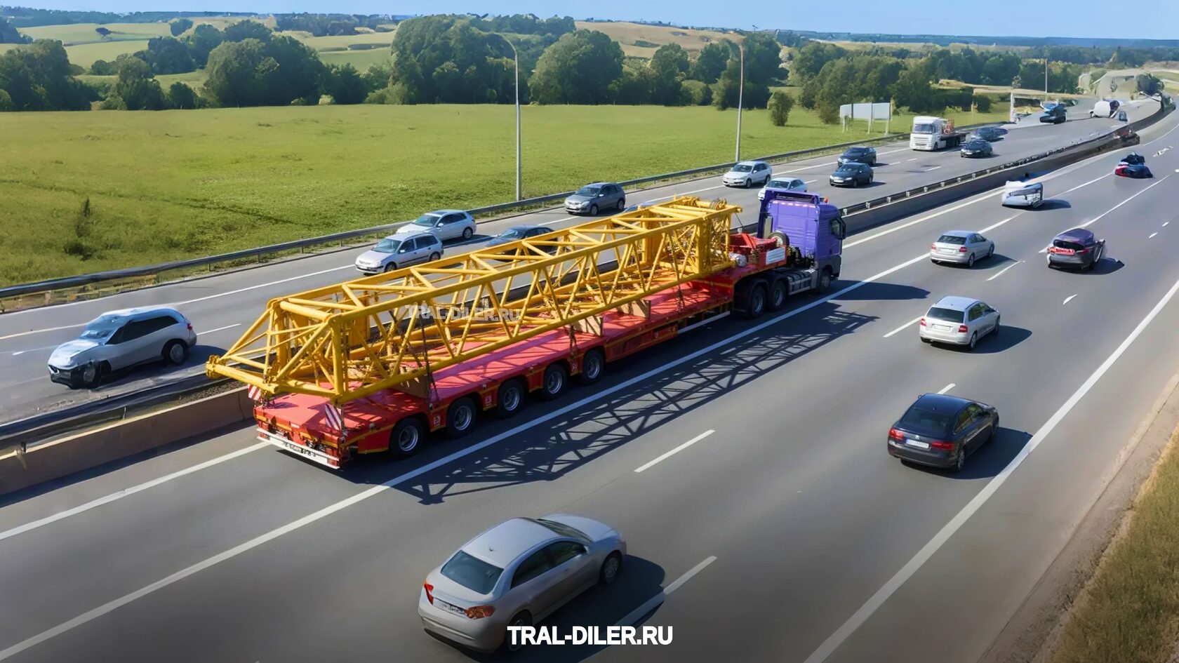 Низкорамный раздвижной (телескопический) трал AMUR LYR9806TDPW с загруженной частью крана едет по оживленной трассе