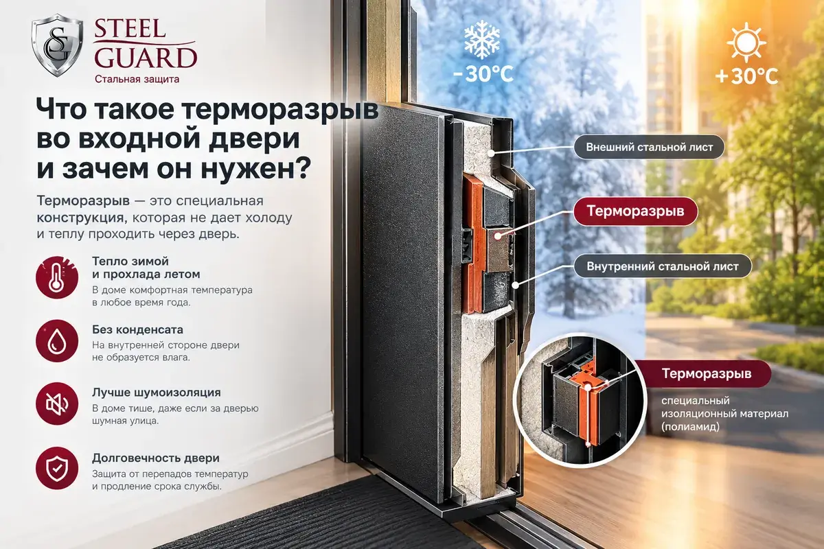 Иллюстрация к статье: что такое терморазрыв во входной двери и зачем он нужен.