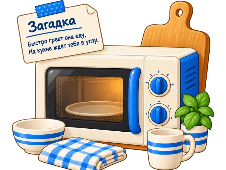 Микроволновка на кухне с чашками и записка-загадка для домашнего квеста