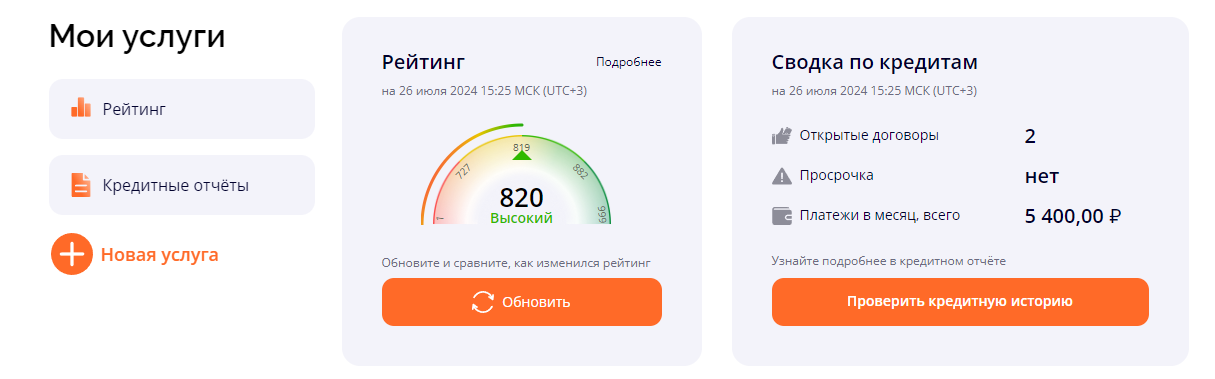 Скриншот примера заказа кредитного отчета в Скоринг Бюро