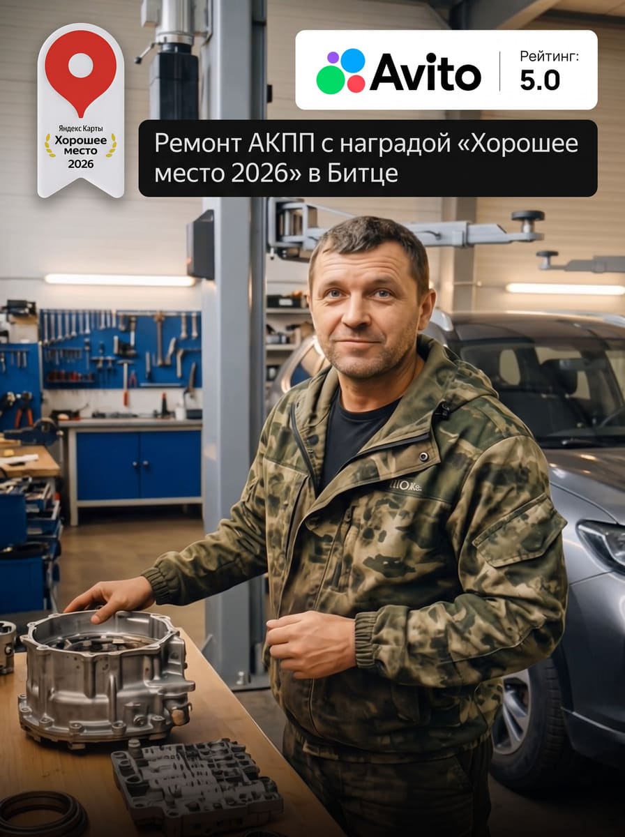 Ремонт АКПП в Битце - мастер автосервиса с разобранной коробкой автомат, награда Яндекс Карт «Хорошее место 2026», рейтинг 5.0 на Авито
