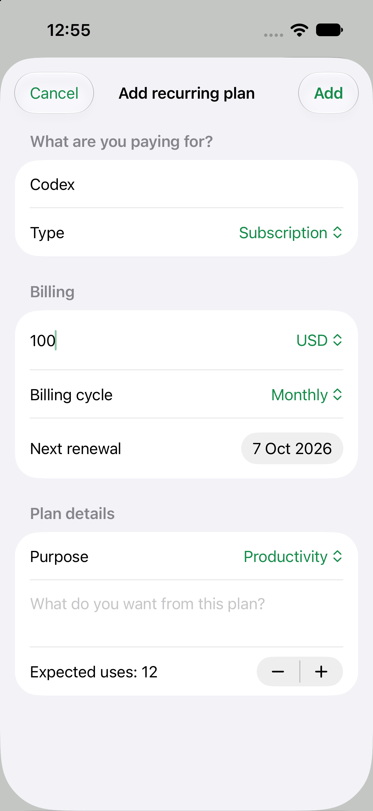 C:Plan plan editor with price, billing cycle, and expected uses