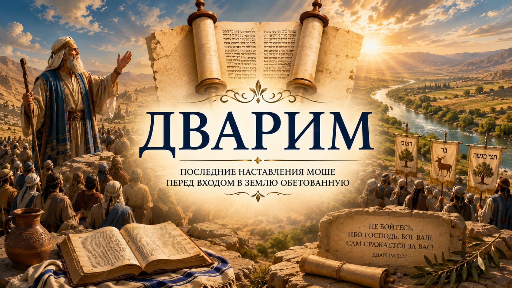 Иллюстрация к недельной главе Дварим: Моше обращается к народу Израиля перед входом в Землю Обетованную на фоне реки Йордан и просторов Святой Земли.
