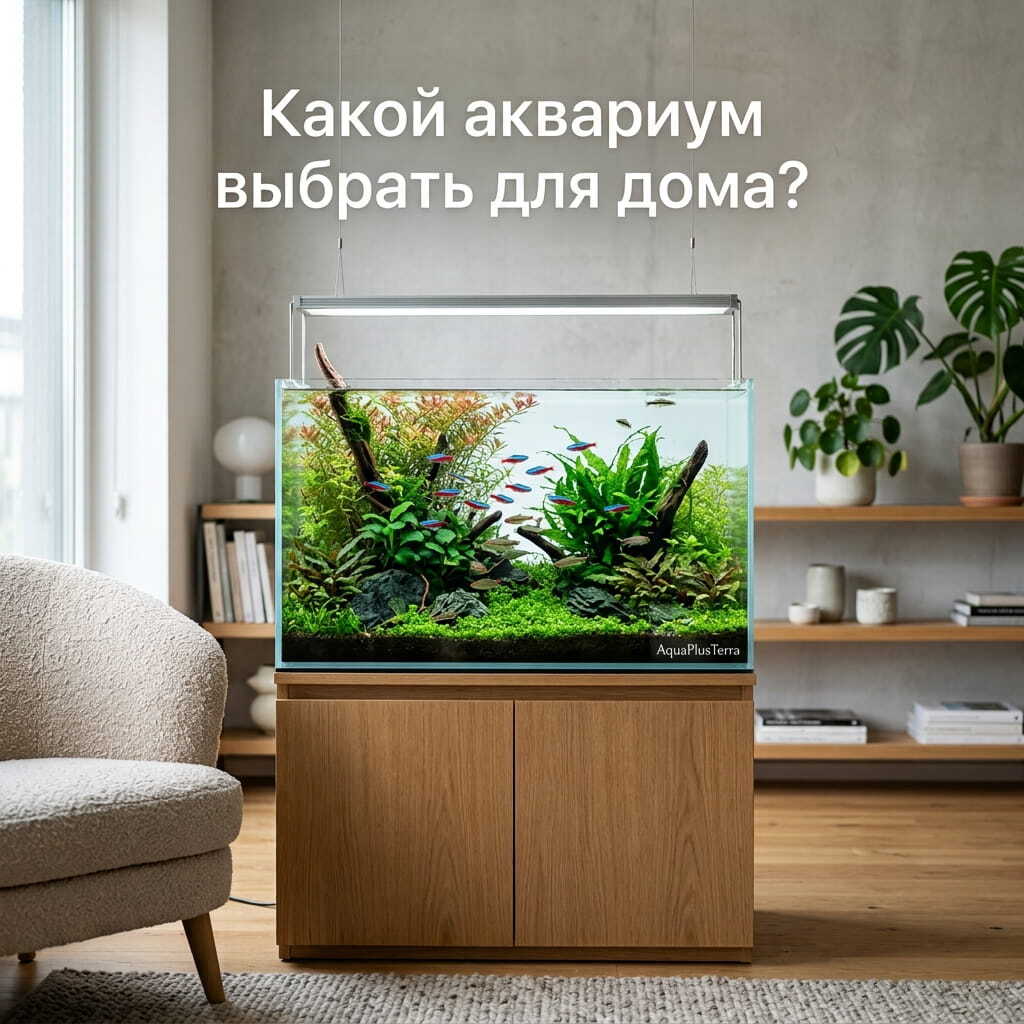 Фотореалистичный прямоугольный пресноводный аквариум AquaPlusTerra с прозрачной водой зелеными растениями и неоновыми рыбками расположенный на деревянной тумбе в светлом стильном интерьере.