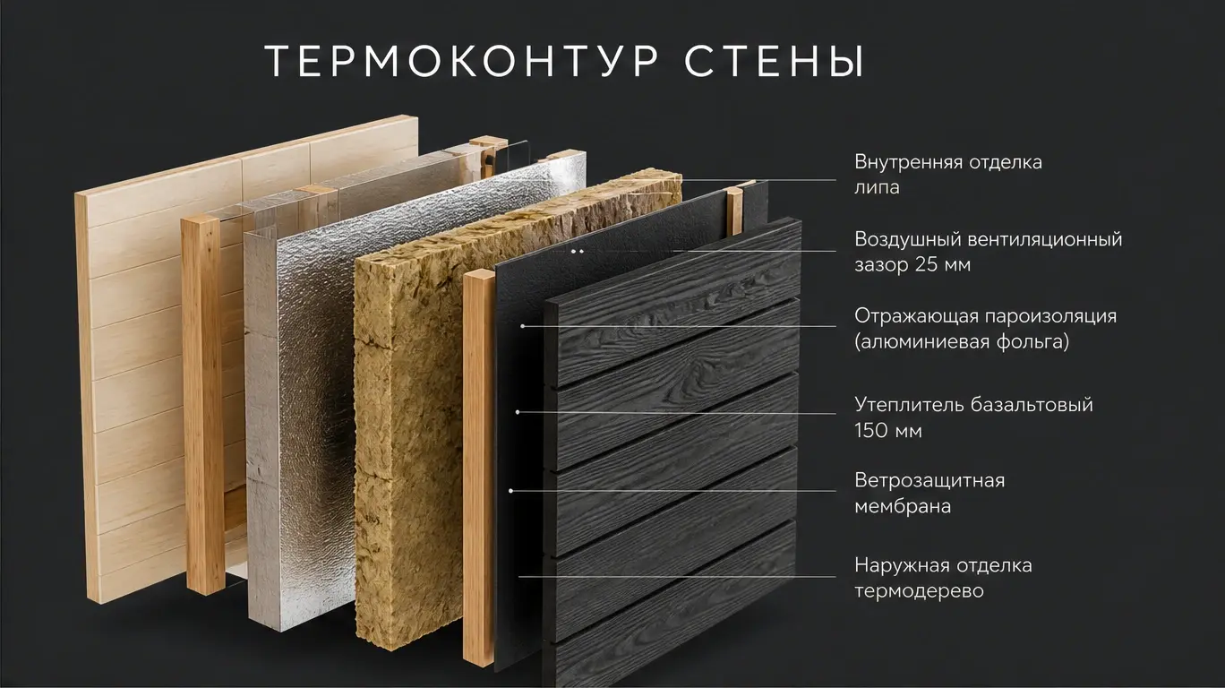 Схема термоконтура каркасной бани: вагонка, вентзазор, фольга, базальтовый утеплитель и наружная мембрана