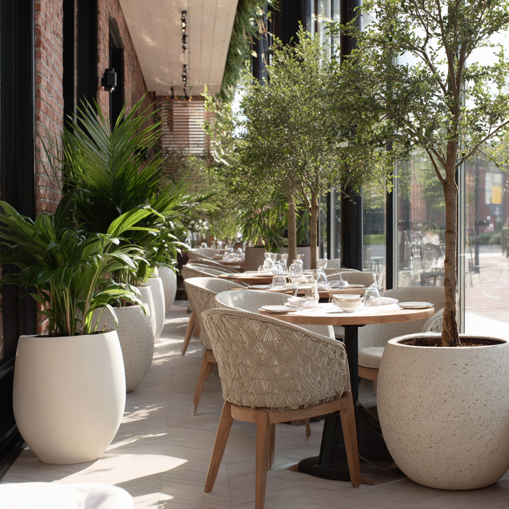 напольные композиции в кашпо для зонирования террасы