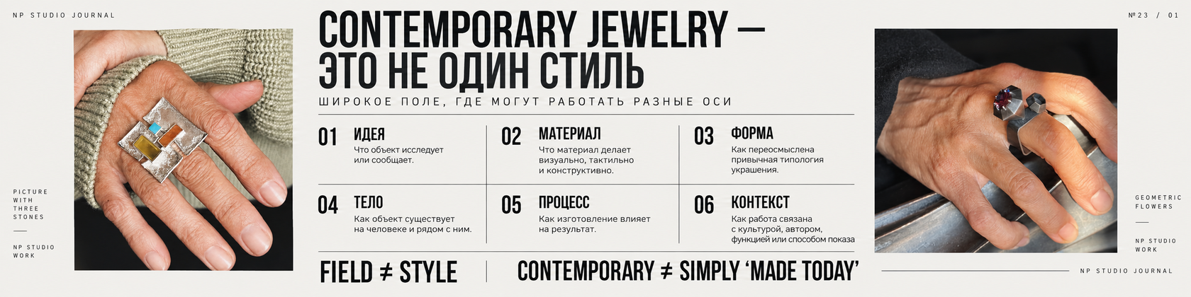 Инфографика NP Studio Journal о том, что contemporary jewelry — это поле практики, а не один стиль