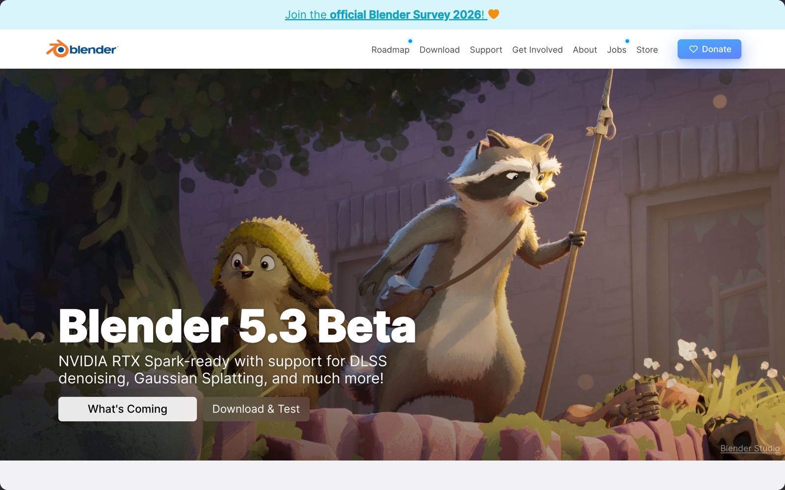 Blender homepage screenshot: free open-source 3D creation suite