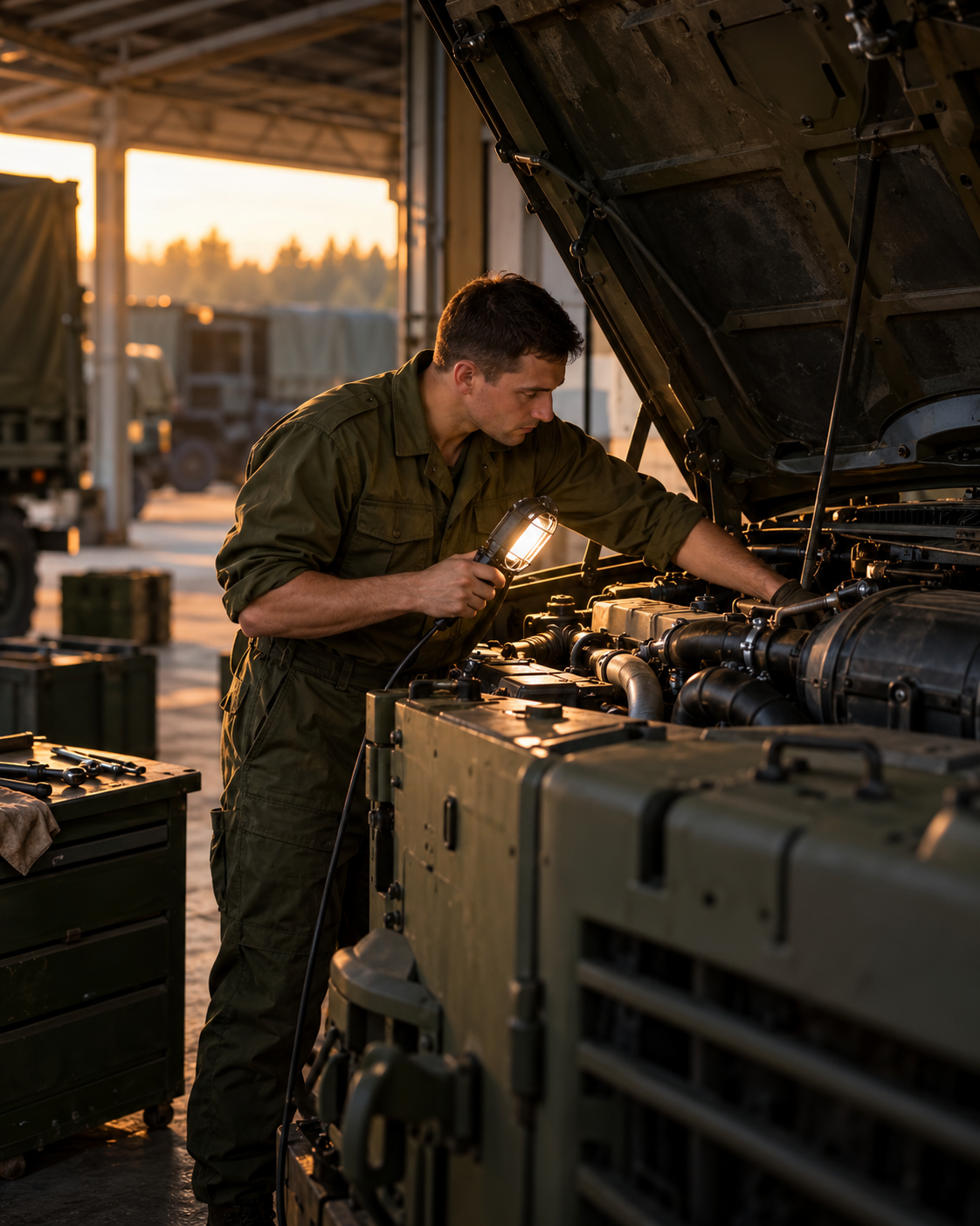 Механик осматривает военную технику