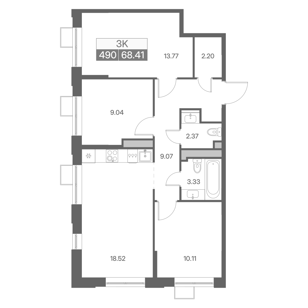 Планировка трехкомнатной квартиры 68.41 м² в ЖК Новая Львовская