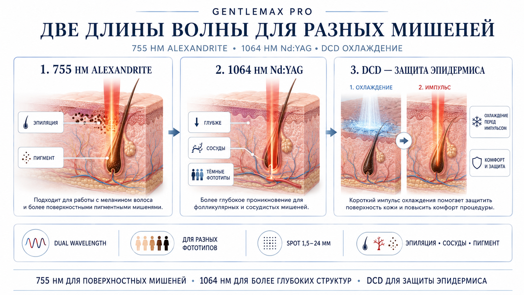 Схема воздействия GentleMax Pro: 755 нм, 1064 нм и DCD