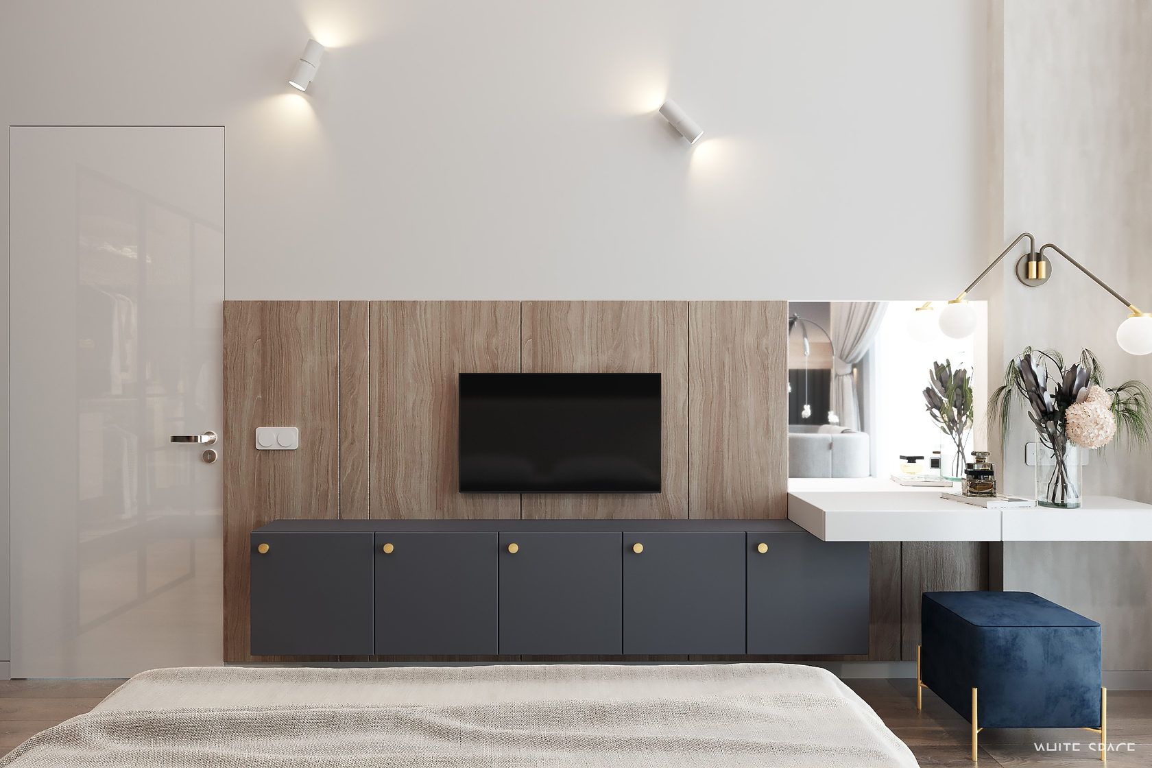 Coin nuit dans un intérieur maison moderne avec meuble TV et coiffeuse élégante