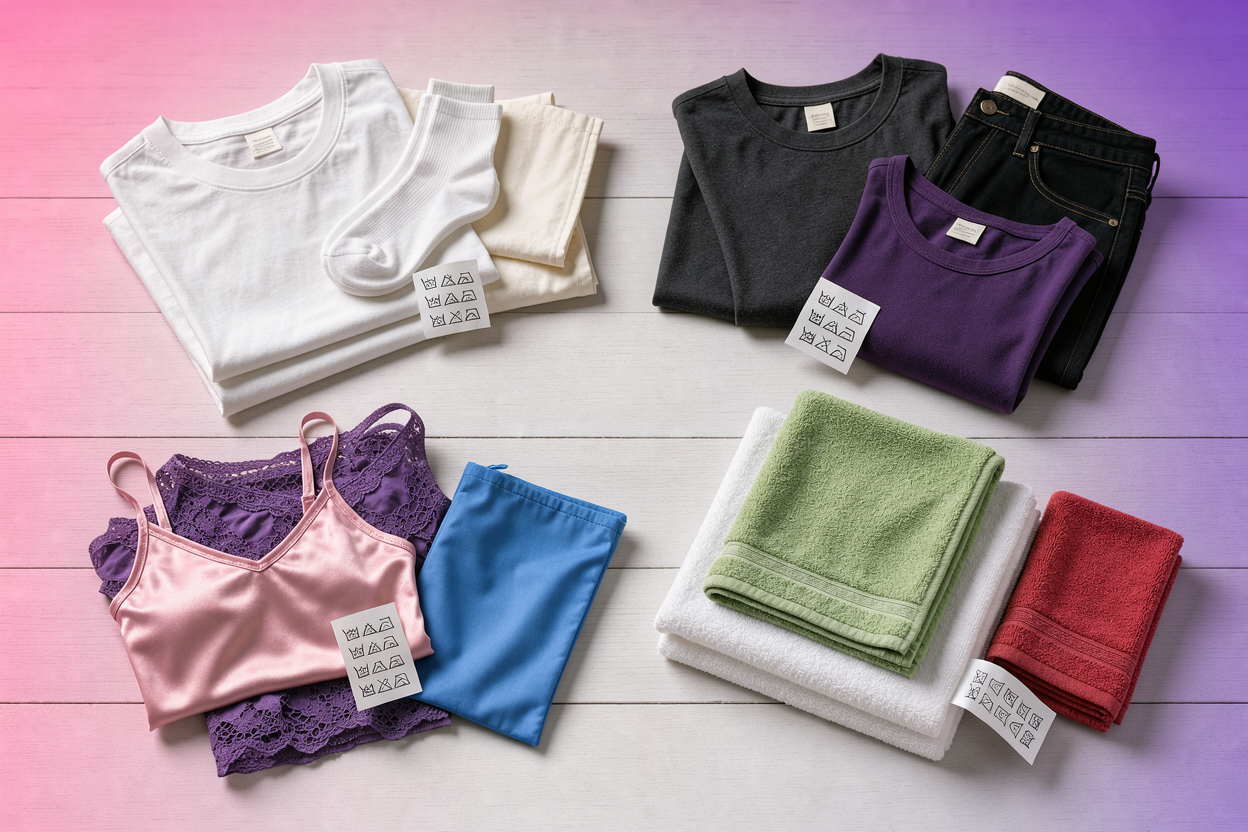 Top view of sorted laundry piles by color and fabric type on a wooden surface: whites, darks, delicates, towels, with care labels visible, no branded items or detergents