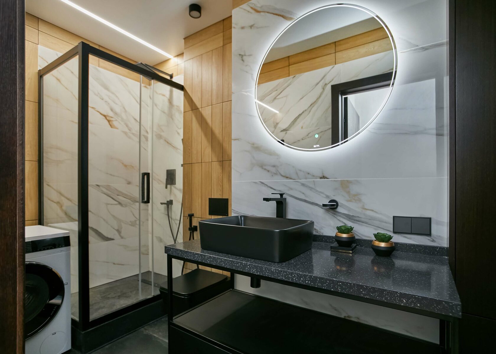 Проспект Мира - Дизайн интерьера ванная комната, умывальник, душ, зеркало, стиральная машина