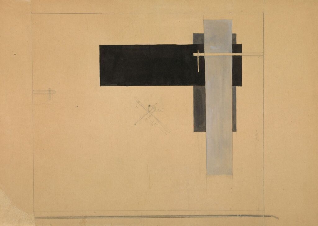 Эскиз оформления Комнаты проунов на Большой Берлинской художественной выставке 1923 Размер - 34,4 x 50,5 Материал - бумага Техника - графитный карандаш, гуашь, тушь