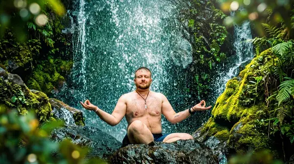 Мужчина сидит на камне у водопада