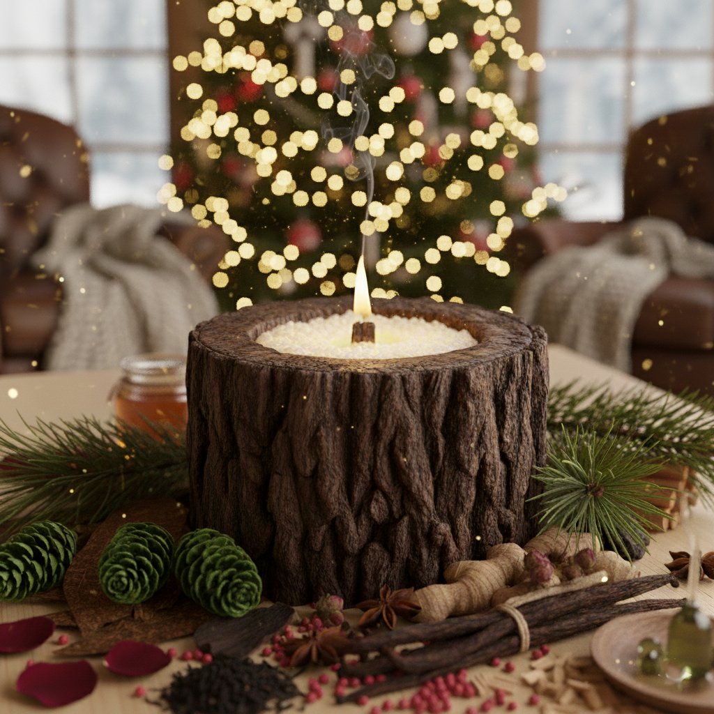 Свеча в спиле дерева с ароматом хвои и еловых шишек