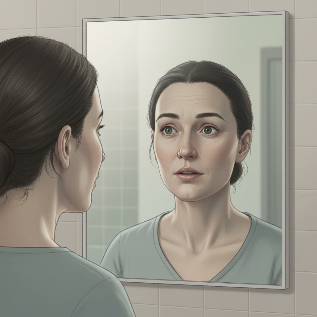 Женщина рассматривает свое отражение в зеркале — иллюстрация изменений лица после похудения.